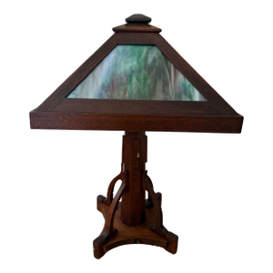 Vintage Mission Arts & Crafts Wood and Slag Glass Table Lamp