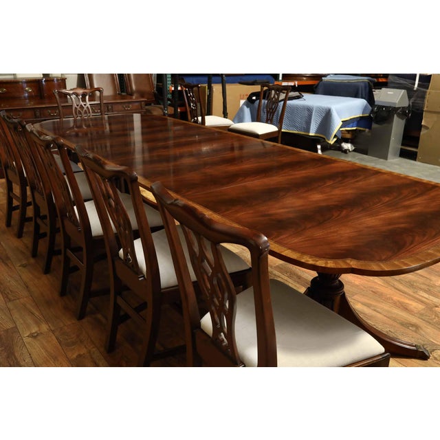2020s 74"-134" Duncan Phyfe Scallop Corner Double Pedestal Mahogany Dining Table For Sale - Image 5 of 8