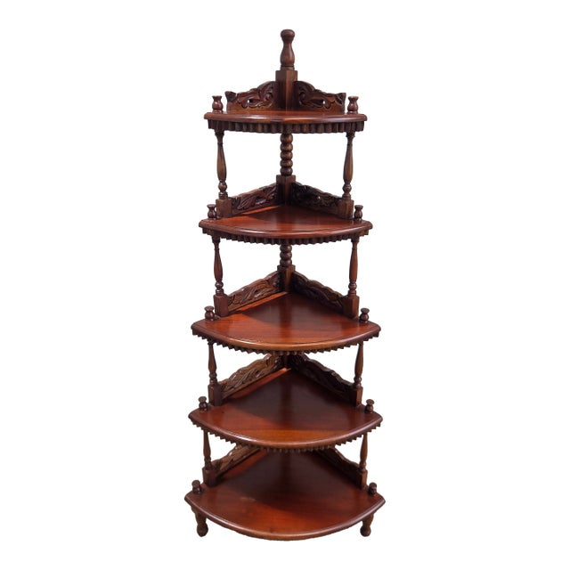 Early 20th Century Eastlake Revival 5-Tier Mahogany Corner Etagere Shelf For Sale