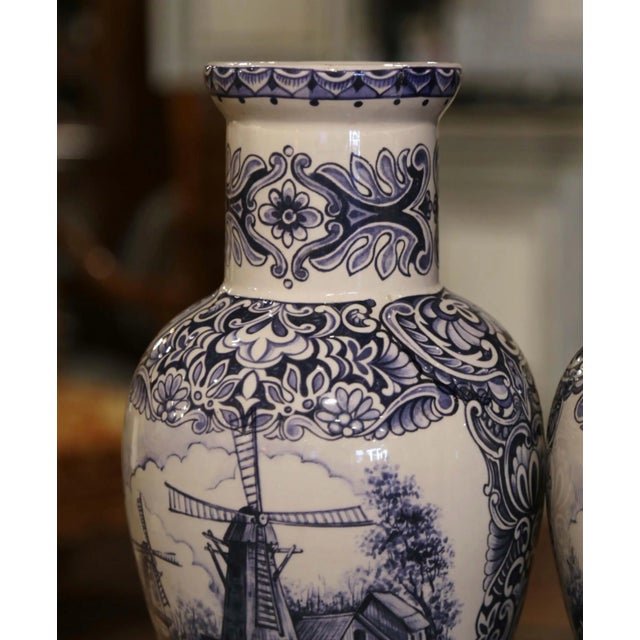 Pair of Early 20th Century Dutch Blue and White Hand Painted Faience Delft Vases For Sale In Dallas - Image 6 of 12