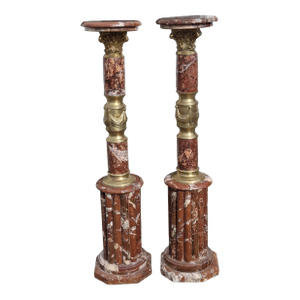 Pair Italian Rouge Royal Marble Gilt Bronze Corinthian Columns