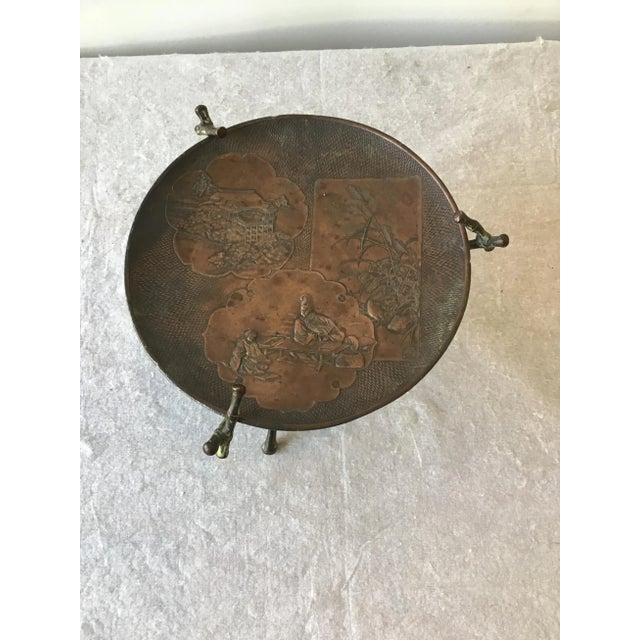 1920s Copper Stamped Dish Or Disc With Patina On Copper Faux Bamboo Stand For Sale In New York - Image 6 of 10