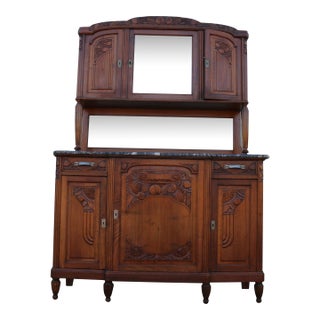 Antique French Art Deco Buffet Hutch With Marble Top, Mirror & Glass Display Cabinet | C. 1920 For Sale