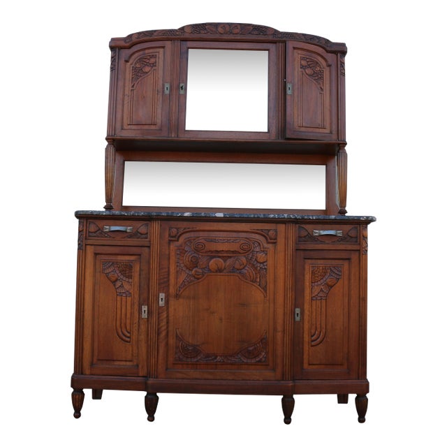 Antique French Art Deco Buffet Hutch With Marble Top, Mirror & Glass Display Cabinet | C. 1920 For Sale