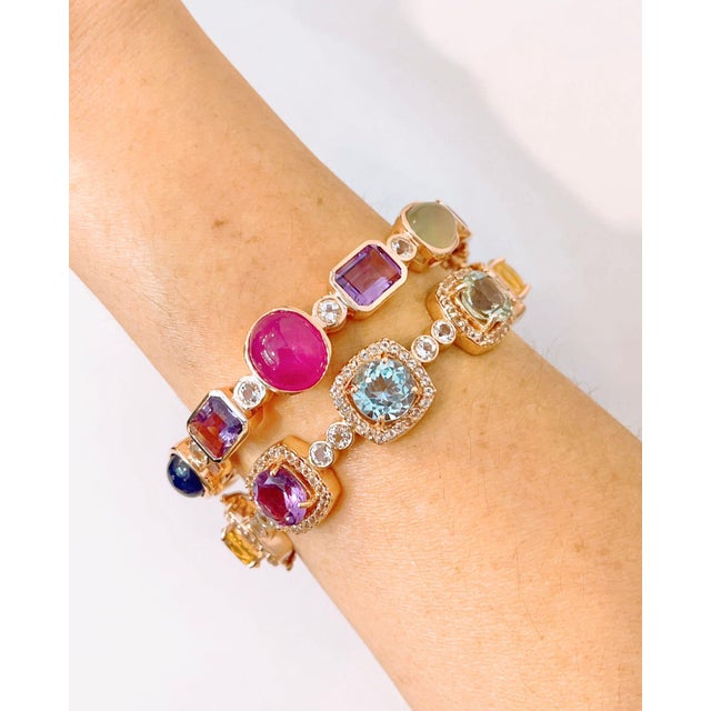 Purple Bochic Capri” Vintage Sapphire & Multi Natural Gem Bangle Set 18K Gold & Silver For Sale - Image 8 of 15