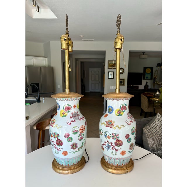 Late 19th Century Pair 19th Century Chinese Marbro Famille Rose Porcelain Table Lamps For Sale - Image 5 of 18