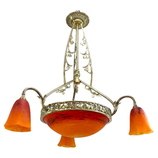 Art Deco Bronze Chandelier Signed attributed to Schneider, 1930s For Sale