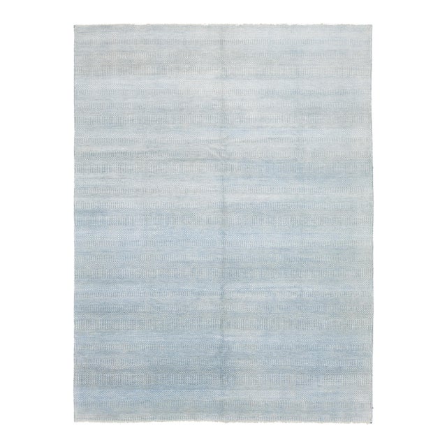 Gray 9 X 12 Modern Savannah Wool Rug With Light Blue Geometric Pattern For Sale