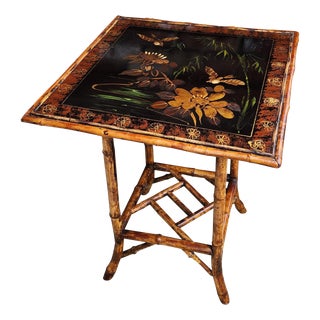 Vintage Hand Painted Tortoiseshell Fretwork Bamboo Side Table For Sale