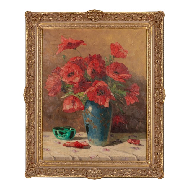 Mid-Century Floral Still Life With Poppies Painting For Sale