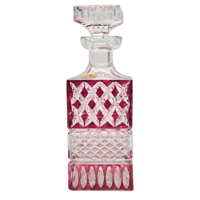 West German a & H Cranberry Cut-to-Clear Lead Crystal Whiskey Decanter 9" For Sale - Image 12 of 15