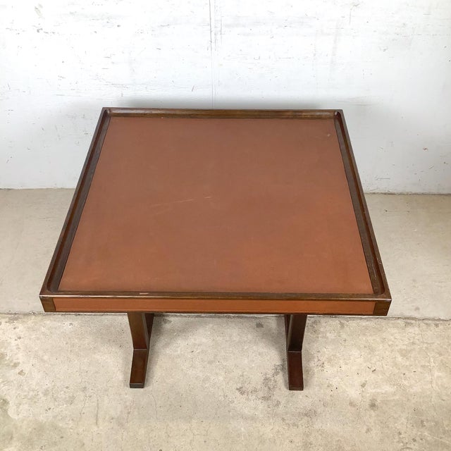 Vintage Studio-Made Square End Table With Cognac Leather Inset Top & Architectural Trestle Base, Mid-Century For Sale - Image 16 of 18