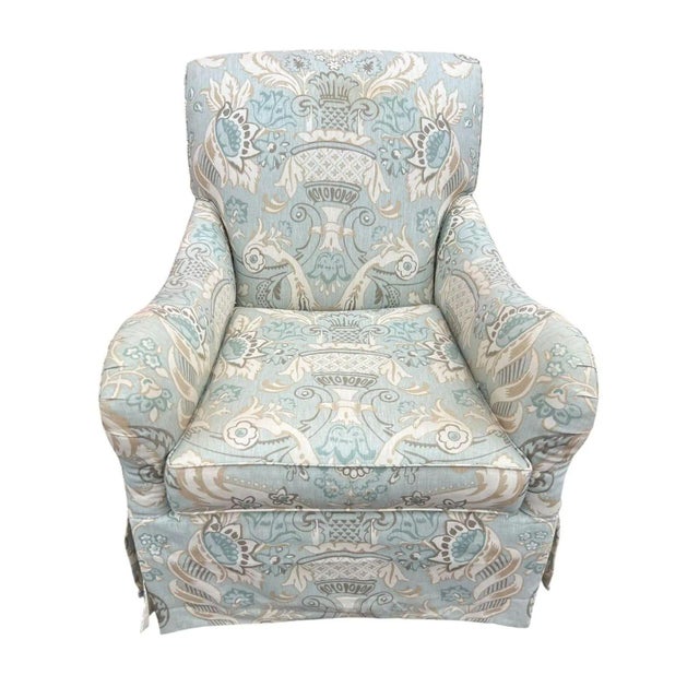 transitional pair of upholstered swivel rocker club chairs in soft coastal style fabric. Chairs, work smoothly, are very...