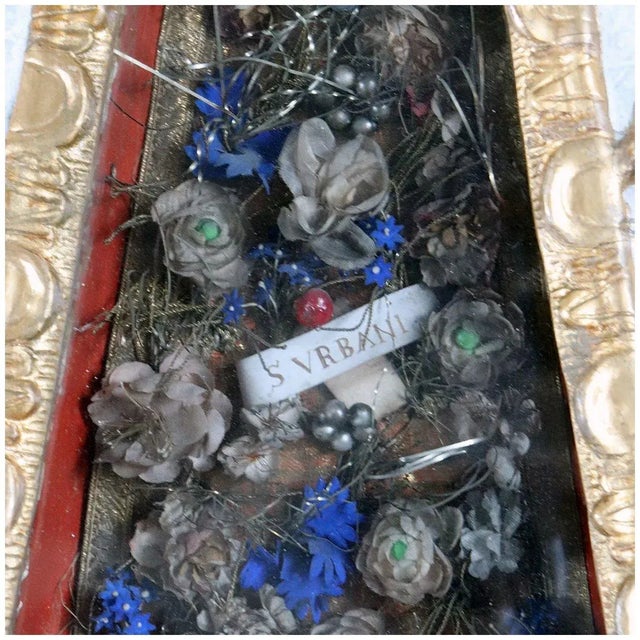 Baroque Rare Italian Painted, Giltwood, Glass and Mixed Media Reliquary Shrine Vitrine For Sale - Image 3 of 15