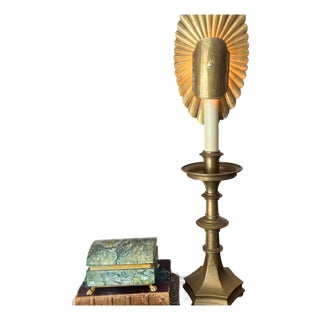 1960s Monumental unlacquered brass Holzheimer lamp with shield shade // Hollywood regency brass lamp // midcentury lamp // glamorous //accent lamp For Sale