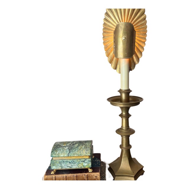 1960s Monumental unlacquered brass Holzheimer lamp with shield shade // Hollywood regency brass lamp // midcentury lamp // glamorous //accent lamp For Sale