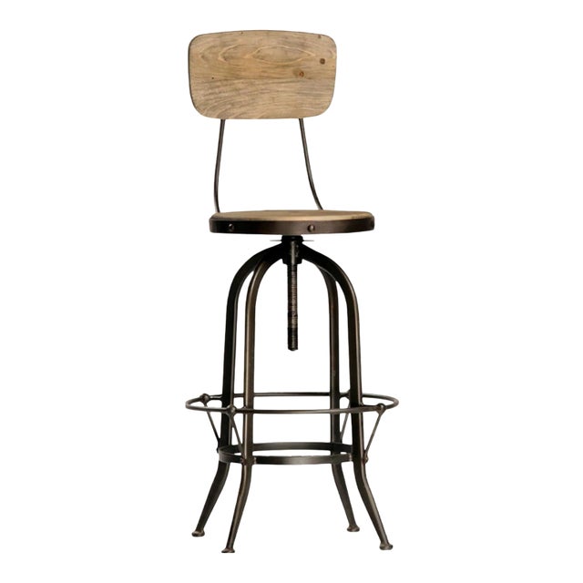 Farmhouse Wood & Iron Adjustable Stool W/ Seatback For Sale
