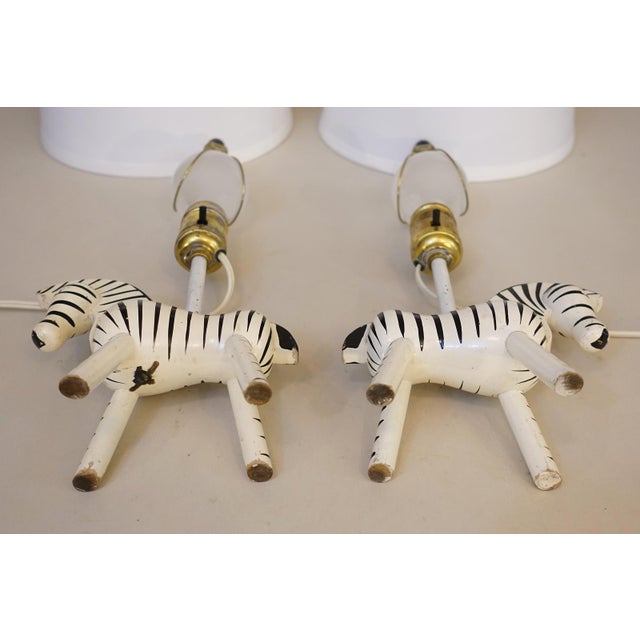 Antique White 1950s Rare Matched Pair Kay Bojesen Denmark Hand Painted Danish Modern Wood Zebra Table Lamps Monkey For Sale - Image 8 of 9