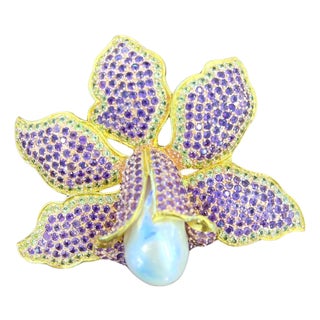 Bochic "Orient" Vintage Amethyst & Pearl Large Brooch, 18K Gold & Silver For Sale