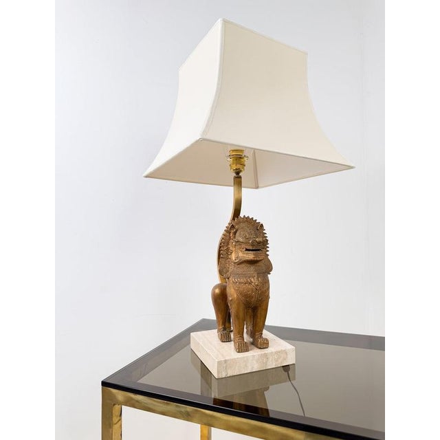 Thai Singha Lion Foo Dog Table Lamp in Gilt Bronze, Brass and Travertine, 1970s For Sale - Image 11 of 18