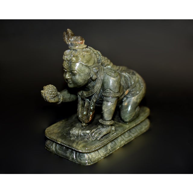 Green Baby Krishna Statue Finely Carved Gemstone Serpentine Indian God For Sale - Image 8 of 18