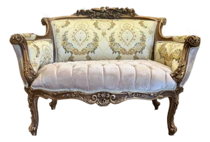 French Sofa Beige White Upholstery & Carvings Baroque Style
