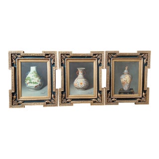 1970s signed “J. Ronald” Chinoiserie Still Life Paintings in Hollywood Regency Frames - Set of Three For Sale