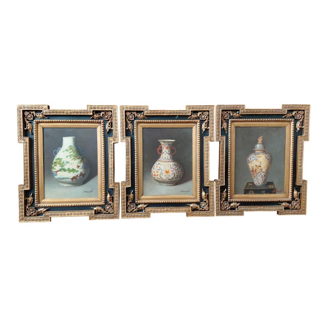 1970s signed “J. Ronald” Chinoiserie Still Life Paintings in Hollywood Regency Frames - Set of Three For Sale
