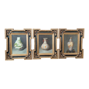 1970s signed “J. Ronald” Chinoiserie Still Life Paintings in Hollywood Regency Frames - Set of Three