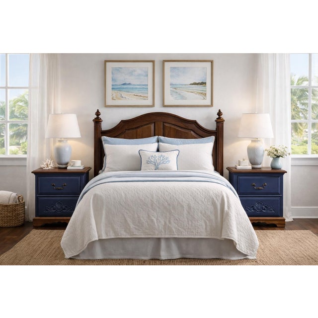 Wood Late 20th Century Pair of Solid Wood Navy Blue Nightstands With Carved Shell Drawer & Walnut Tops For Sale - Image 7 of 12