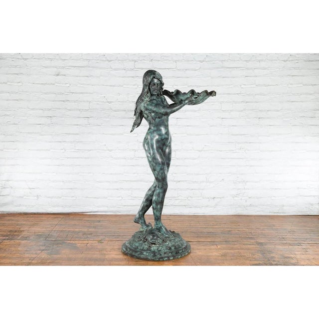 1960s Bronze Sea Nymph Fountain with Large Shell and Turtle in Verdigris Patina For Sale - Image 4 of 17