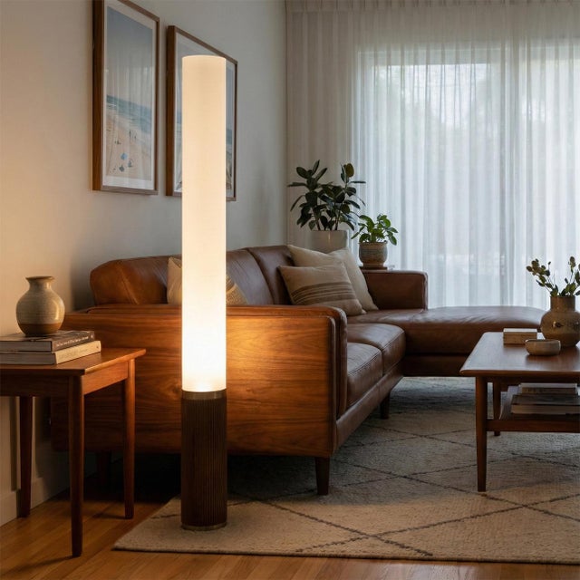 Mid-Century Modern 1980s Tambo Cylindro 60" Accent Floor Lamp - Dark Walnut, Weathered Brass, Frosted Acrylic, Dimmer Switch For Sale - Image 3 of 8