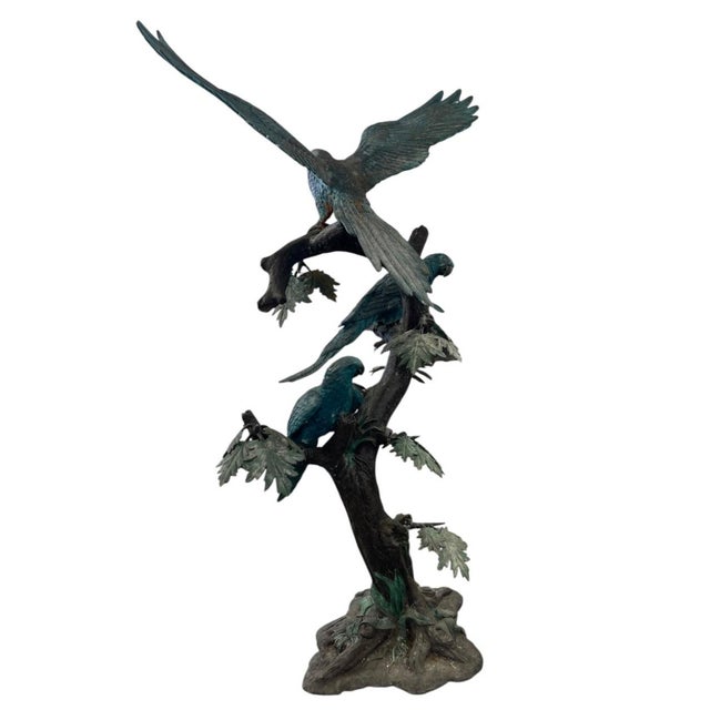 1980s Monumental Verdigris Bronze Parrots Sculpture on Tree Trunk Base For Sale - Image 4 of 12
