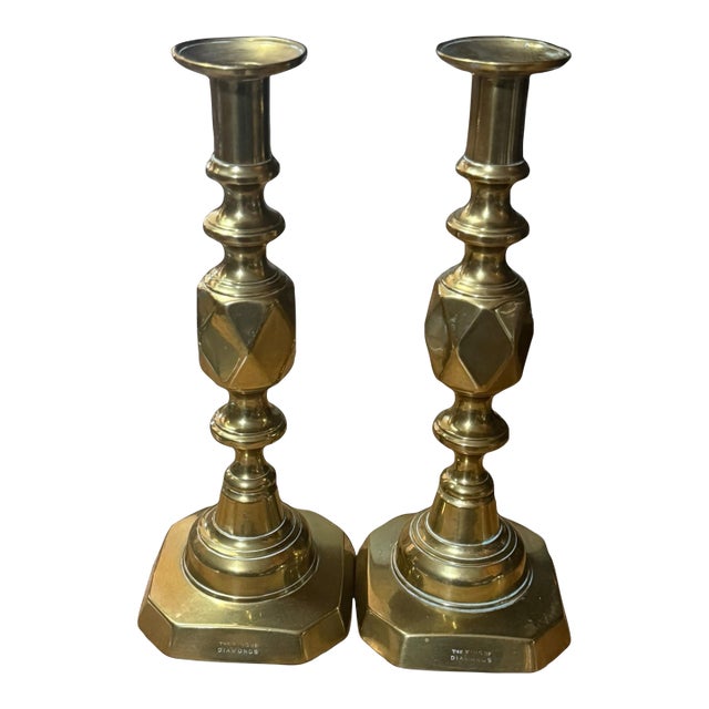 Brass Candlestick Holders Antique Victorian Brass King of Diamonds Candlestick Holder Pair, C. 1897 Diamond Jubilee Push-Up Holders For Sale