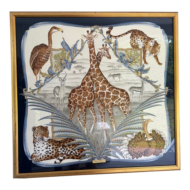 Framed Salvatore Ferragamo Vintage Safari Silk Scarf, Circa 1990s For Sale