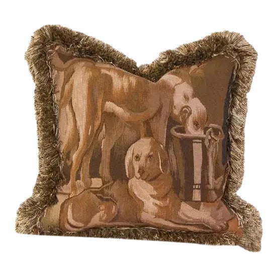 Vintage Wool Tapestry Pillow Featuring Dogs at Rest With Fringe For Sale