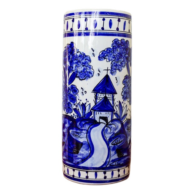Folk Art Blue and White Ceramic Porcelain Umbrella Holder For Sale