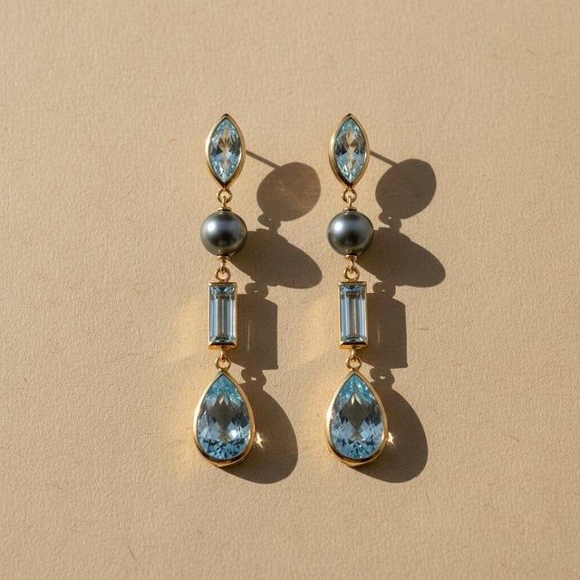 Sky Blue Topaz & Pearl Drop Earrings Studs, Silver, Gold, Pair For Sale - Image 10 of 10
