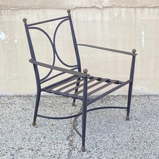 Contemporary Neoclassical Regency Style Aluminum & Steel Metal Outdoor Patio Arm Chairs - Set of 4. Item features cast...