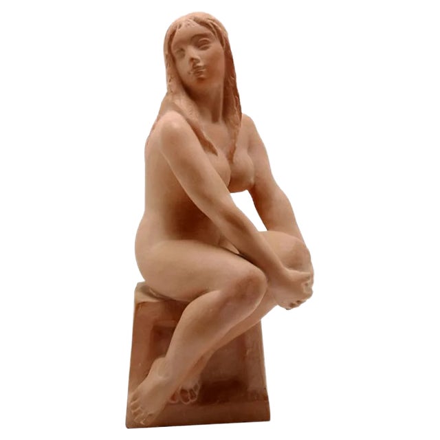 Art Deco Style Terracotta Sitting Nude Sculpture from Kelemen, 1973 For Sale