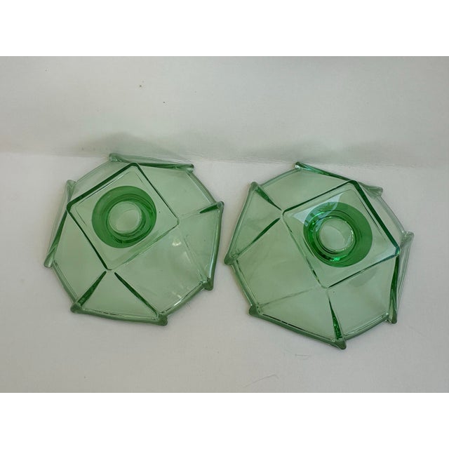 Glass Pair of Art Deco Uranium Glass Geometric Candlesticks, Octagonal Form For Sale - Image 7 of 8
