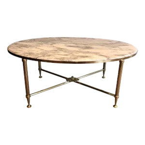 1940s Rare Oval Brass Coffee Table with Carrara white Marble Top by Maison Jansen