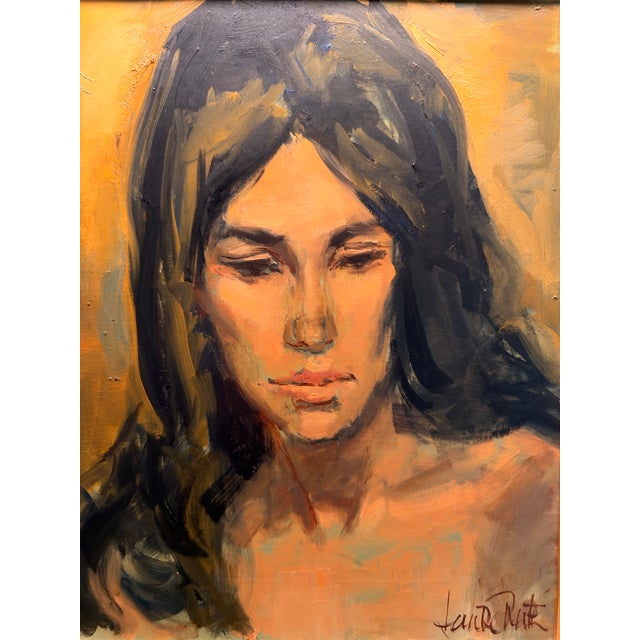Transitional 1960s Jan De Ruth Signed Oil Portrait of a Woman in Ornate Gold-Tone Frame For Sale - Image 3 of 9