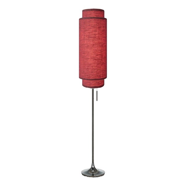 Lollipop Floor Lamp - Black Nickel, Crimson Red Linen Double Shade, on/Off Pull Chain For Sale