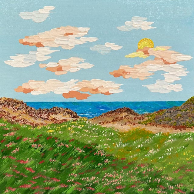 Sunset by the Seaside Acrylic Painting 12"x12" Tropical Landscape Wall Art For Sale - Image 6 of 7