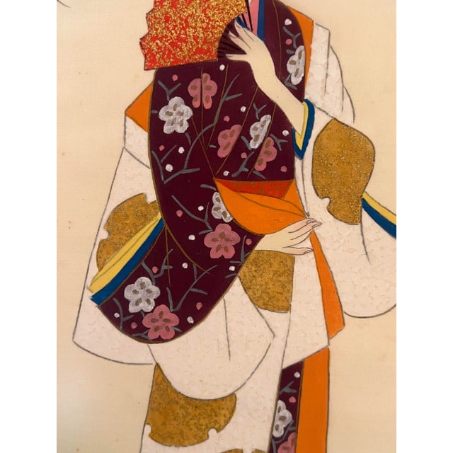 Mid-Century Japanese Silk Paintings by Ishikawa Kiyohiko - Framed - A Pair For Sale - Image 10 of 12
