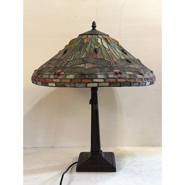 Mid 20th Century Mid 20th Century Tiffany Style Dragonfly Stained Glass Lamp For Sale - Image 5 of 10