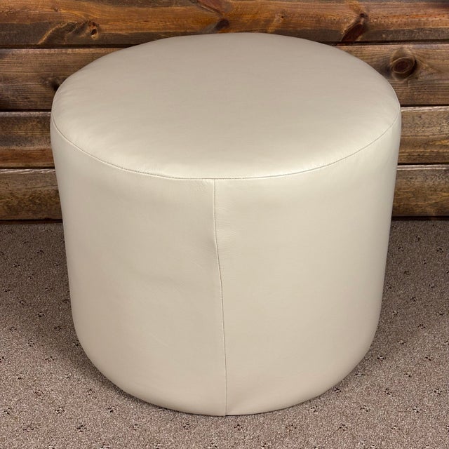 Cream New Round Cream Italian Leather Ottoman Made in Usa 21 Inch Diameter Footstool Accent Decor For Sale - Image 8 of 8
