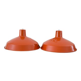 Mid 20th Century Vintage Industrial Orange Aluminum Pendant Lights - a Pair For Sale