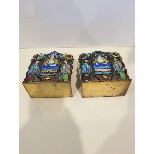 Pretty antique pair of metal and enamel Chinese Export Bookends. One has damage to some of the enamel. These have high...